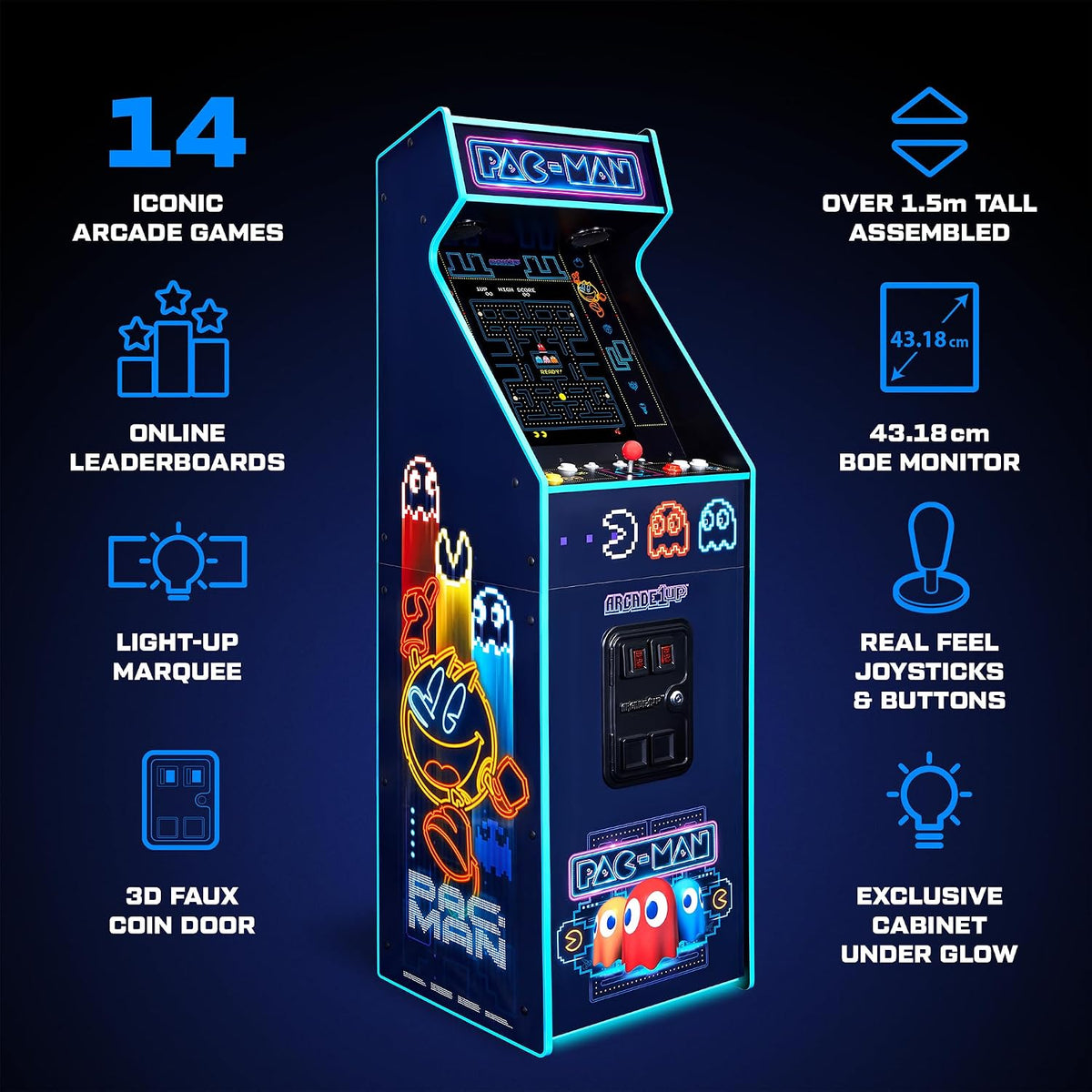 Arcade1Up Pac-Man Deluxe Arcade Machine, 14 Games, Neon
