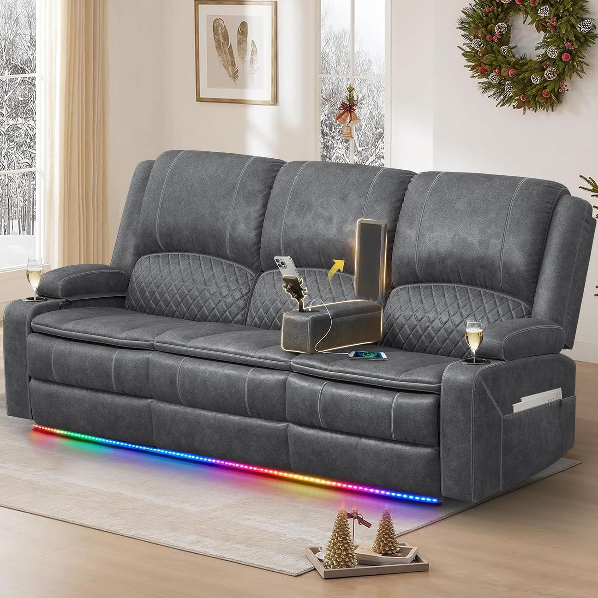 3 Seater Reclining Sofa, Recliner Sofa with Liftable Console (Velvet,Grey)