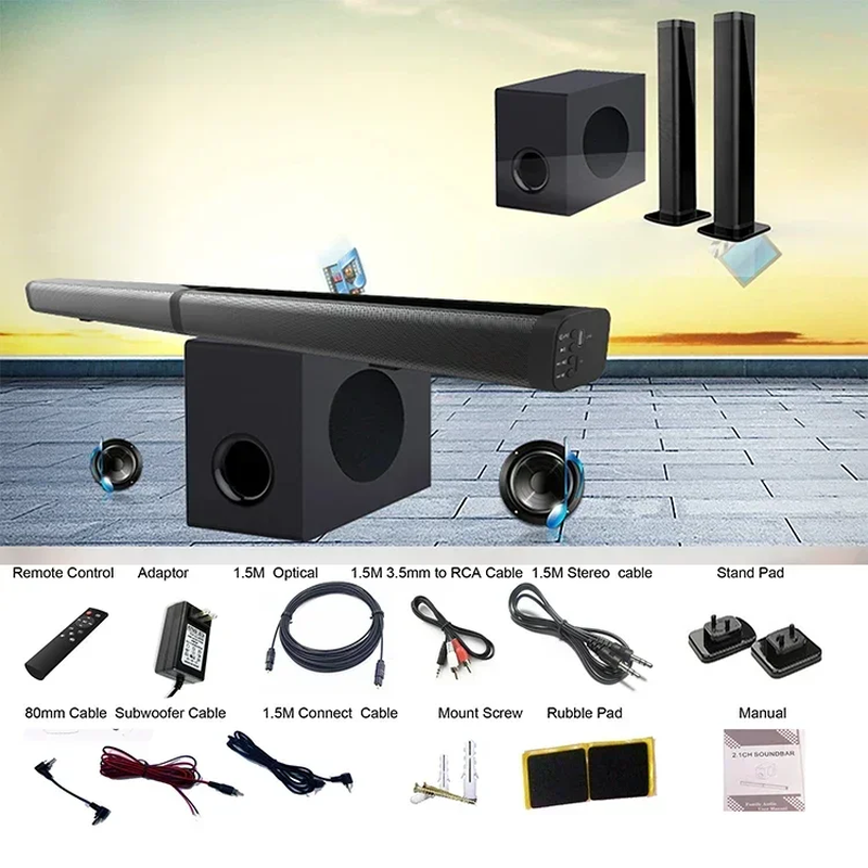 80W TV Soundbar 2.1 Bluetooth Speaker 5.0 Home Theater System 3D Surround Sound Bar Remote Control with Subwoofer for TV