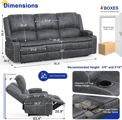 3 Seater Reclining Sofa, Recliner Sofa with Liftable Console (Velvet,Grey)
