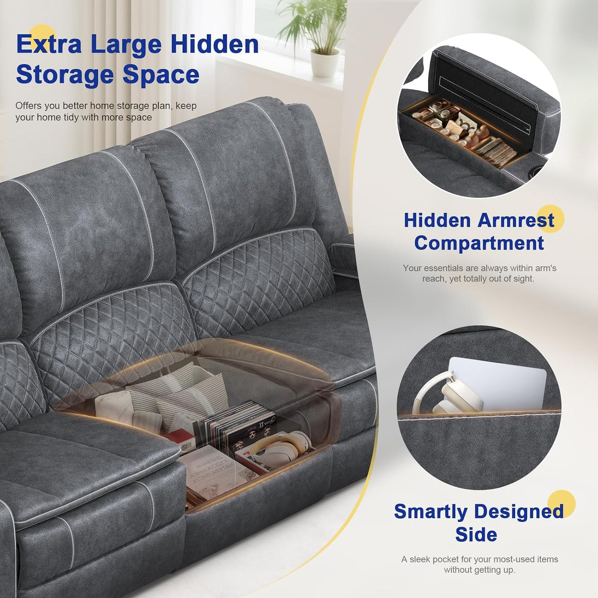 3 Seater Reclining Sofa, Recliner Sofa with Liftable Console (Velvet,Grey)