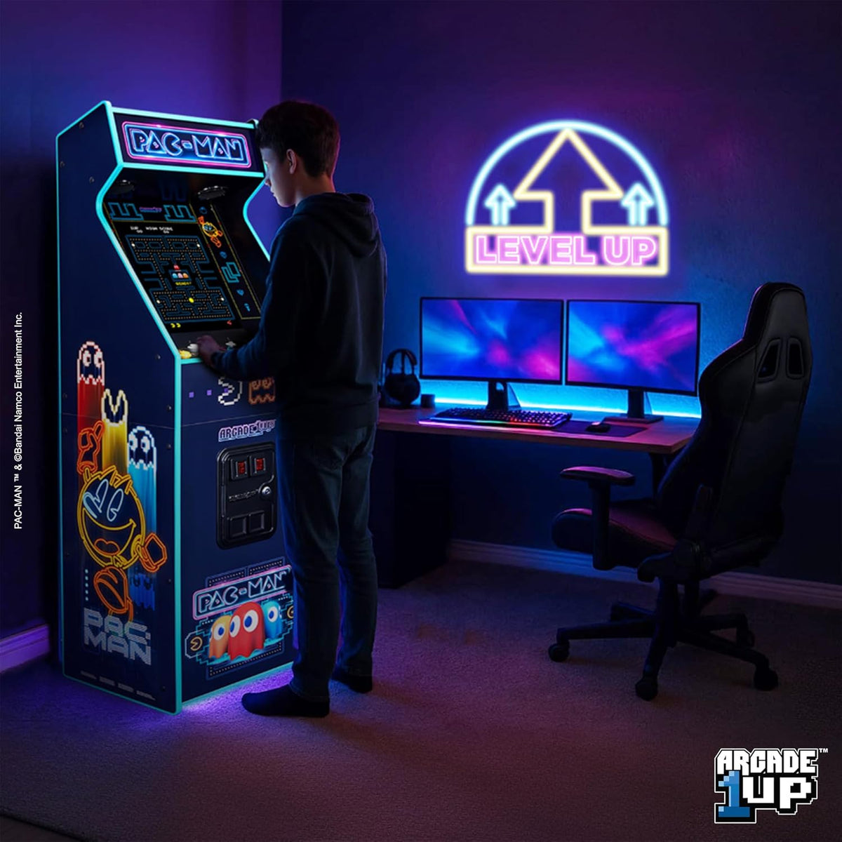 Arcade1Up Pac-Man Deluxe Arcade Machine, 14 Games, Neon