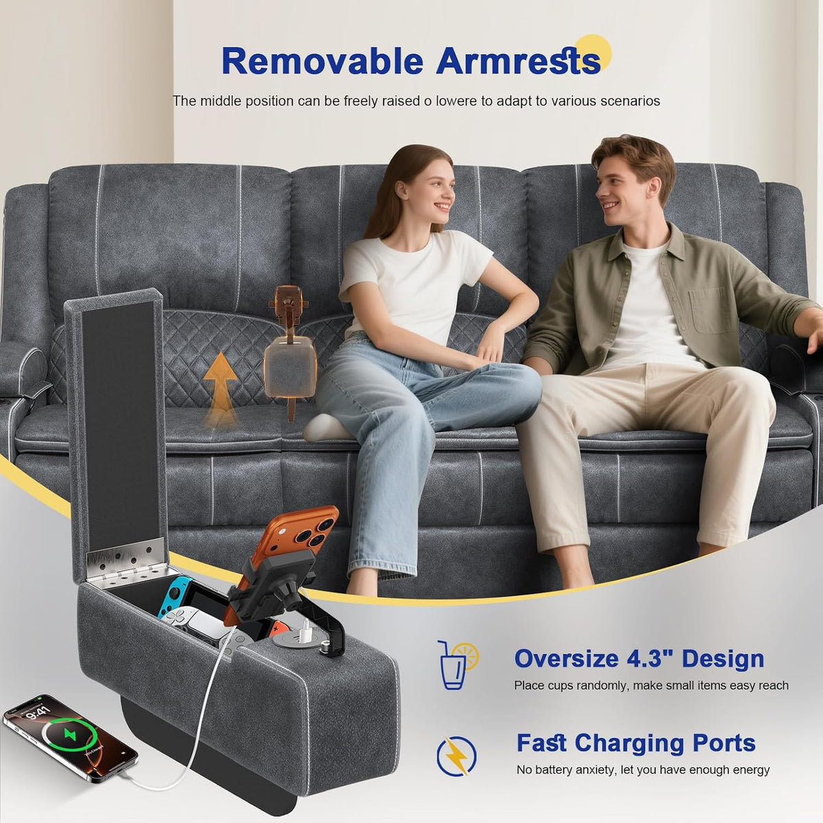 3 Seater Reclining Sofa, Recliner Sofa with Liftable Console (Velvet,Grey)