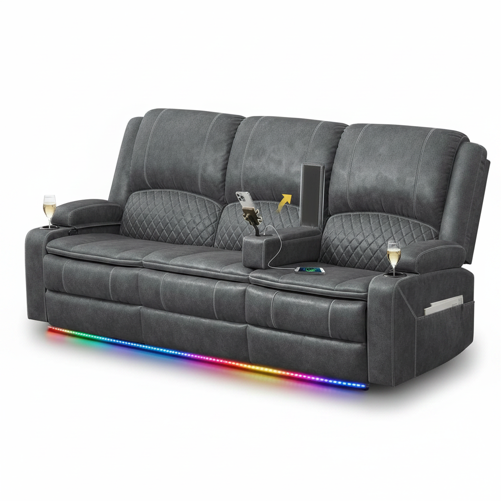 3 Seater Reclining Sofa, Recliner Sofa with Liftable Console (Velvet,Grey)