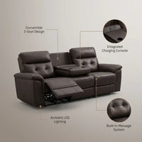 Home Theater Reclining Sofa Built for Comfort, Massage Function, LED Lighting, Convertible 3-Seat Design — Feature Infographic