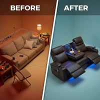 Home Theater Reclining Sofa Built for Comfort, Massage Function, LED Lighting, Convertible 3-Seat Design — Before & After
